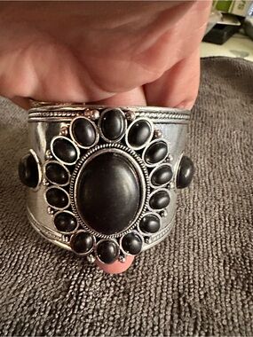 Source Unknown Silver-Tone Black Stone Statement Cuff Bracelet